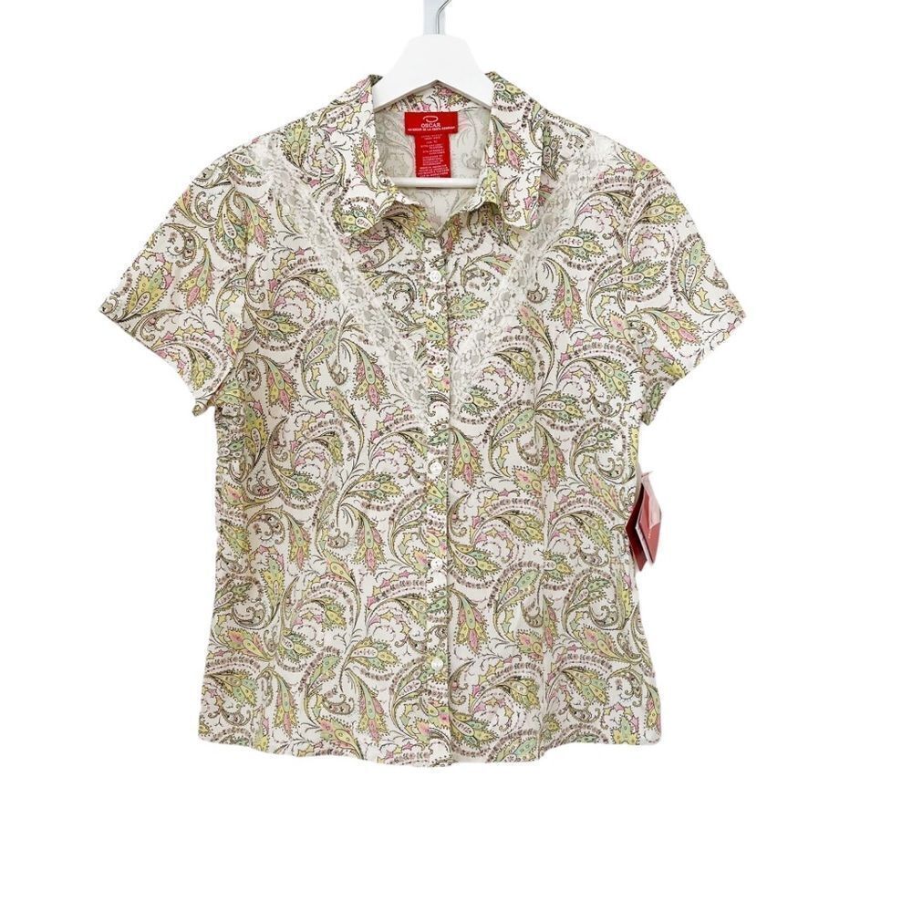 Oscar de la Renta Paisley Print Short Sleeve Button Down Shirt Size 12 NWT